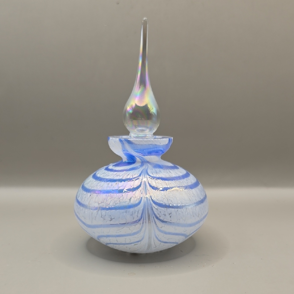 Art Glass Perfume Bottle & Iridescent Stopper White Blue Swirl Ice Handblown